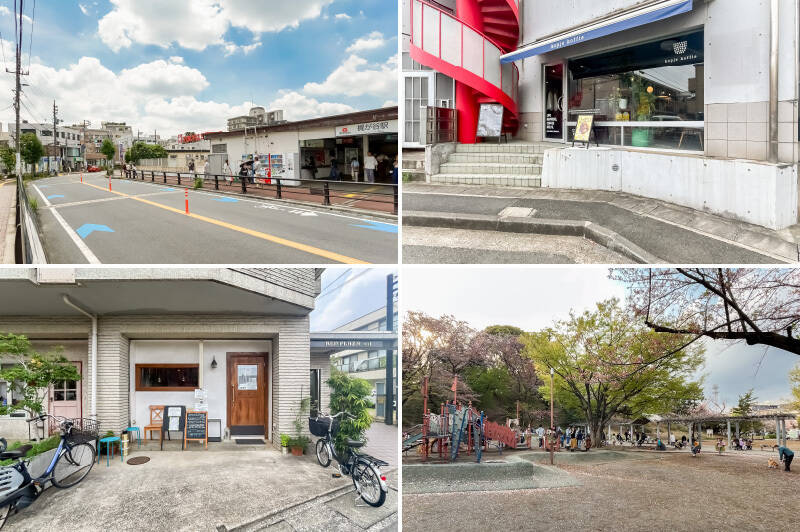 <b>左上・</b>駅まではアップダウンのある道のりですが、急坂はないのでご安心を。電動自転車で十分カバーできそうな傾斜です。駅の横には「東急ストア 梶が谷店」があって便利。(徒歩10分)/<b>右上・</b>朝7時から営業している「kopje koffie(コーピーコーヒー)」。(徒歩9分)/<b>左下・</b>地域密着型の「イタリア食堂zacchi」はアットホームな雰囲気。(徒歩9分)金土日はランチ営業もしています◎/<b>右下・</b>マンションのすぐ近くにはお子さまの遊び場やペットのお散歩にぴったりな「梶ヶ谷第1公園」があります。(徒歩2分)
