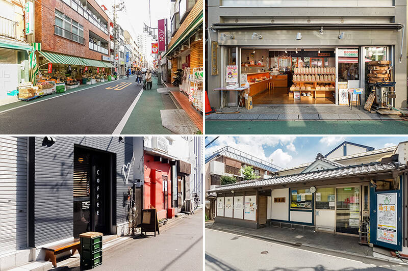 <b>左上・</b>「旗の台」にはなんと7つも商店街があるのです!“サザエさん” のようにカゴを持って各商店を巡る暮らしが送れますよ。/<b>右上・</b>「沖田精米」ではお赤飯やおはぎも販売。(徒歩3分)/<b>左下・</b>池上線の線路沿いにある「Chilling Coffee&Bake」は大人気のカフェ。焼き菓子の予約販売も行っています。(徒歩2分)/<b>右下・</b>露天風呂、炭酸泉、流水歩行プール、コンフォートサウナなど銭湯好きを唸らせる「新生湯」。通っちゃうこと間違いナシ。(徒歩5分)