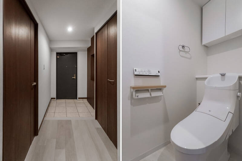 <b>左・</b>こちらは廊下の中ほどから玄関を見たカット。建具や巾木に濃いめの色合いのものが使われていることもあり、全体的にクラシカルな印象を受ける内装です。/<b>右・</b>吊り戸棚を備えたシンプルなトイレ。