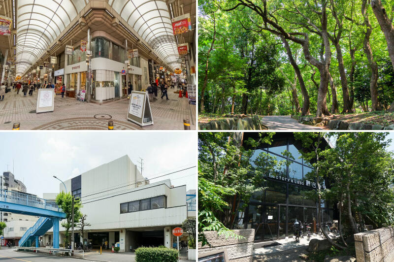 <b>左上・</b>武蔵小山といえばここ、「<b>武蔵小山商店街 PALM</b>」。新旧織り混ざった約200ものお店が軒を連ねる、地元に愛される大商店街です。アーケードがあって雨の日もお買い物楽々! 暮らしの力強い味方です。(徒歩13分)/<b>右上・</b>お散歩なら12万㎡もの広さを誇る都会のオアシス「<b>林試の森公園</b>」へ(徒歩5分)。園内にはせせらぎが流れ、桜も種類豊富に植わっています。四季折々の表情を楽しめそう♡/<b>左下・</b>マンションのお隣は「<b>目黒本町図書館</b>」! 図書館が近くにあると、気軽に本を借りられてうれしいですよね。(徒歩1分)/<b>右下・</b>目黒通り沿いにはおしゃれカフェ「<b>Factory&Labo(ファクトリーアンドラボ)神乃珈琲</b>」が。サードプレイスとして大活躍してくれそうですよ。(徒歩6分)
