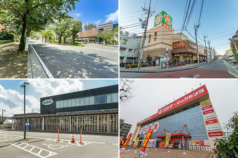 <b>左上・</b>最寄り駅は東急田園都市線「<b>宮崎台</b>」で、渋谷駅までは各停なら乗り換えなしで約25分の乗車時間。駅前は桜並木になっており、春には帰宅ついでにお花見を楽しめます。(徒歩9分)/<b>右上・</b>駅からマンションまでの途中にはスーパー「<b>ライフ 宮崎台店</b>」があります。毎日朝9時から深夜0時まで営業。(徒歩6分)/<b>左下・</b>さらに、地元のとれたて野菜や新鮮なお肉が手に入る「<b>ファーマーズマーケットセレサモス 宮前店</b>」までは徒歩5分。/<b>右下・</b>隣駅の梶ヶ谷方面に行くと、家電量販店「<b>コジマ×ビックカメラ 梶ヶ谷店</b>」があります。(徒歩9分)