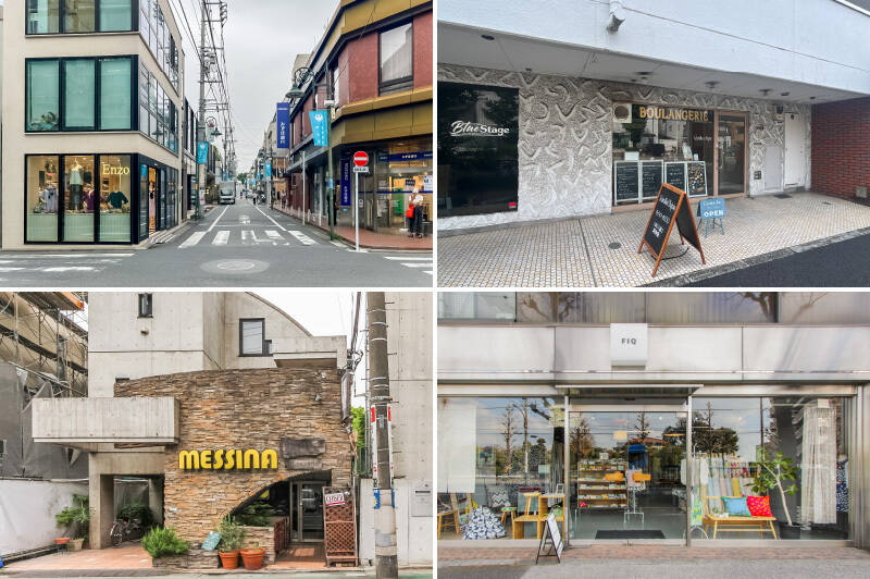 <b>左上・</b>自由が丘駅前の “カトレア通り” 。“マリクレール通り” と並んでおしゃれで洗練された雰囲気のショップがたくさんあり、歩くだけで楽しい小道です。／<b>右上・</b>売主さまおすすめの本格派ベーカリー「<b>Vanille chipie（ヴァニーユ・シピ）</b>」。自家製の天然酵母を使った素材にこだわりのあるパンで大人気です。（徒歩２分）／<b>左下・</b>「<b>チュベ・ド・ショコラ 自由が丘本店</b>」は、常時30種類以上ものクーベルチュールチョコが並ぶチョコレート専門店。ご褒美おやつにぜひ。（徒歩11分）／<b>右下・</b>北欧ブランドから日本人作家の作品まで取り扱うファブリック専門店「<b>FIQ（フィーク）自由が丘</b>」。リネンアイテムのゲットはこちらで！（徒歩５分）