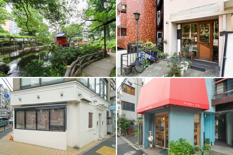 <b>左上・</b>不忍通りからちょっとだけ奥まった所にある「<b>須藤公園</b>」。緑が多い静謐な雰囲気で、“河童が出る” という噂もあるとか、ないとか。(徒歩5分)/<b>右上・</b>マンションのすぐお隣には、本格的なエスプレッソをセルフサービスでいただける「<b>エスプレッソファクトリー</b>」が。サクッとコーヒーを楽しみたいときにはぜひ!(徒歩1分)/<b>左下・</b>反対にゆっくり落ち着きたいときは、団子坂下交差点近くにある「<b>Fwatty Café(フワッティーカフェ)</b>」へ。コーヒーは注文後に豆を挽いてくれるので、とてもフレッシュです。(徒歩3分)/<b>右下・</b>赤いオーニングと水色の外壁が目印のベーカリー「<b>パル</b>」。サンドイッチや菓子パンをリーズナブルにゲットできます。(徒歩2分)
