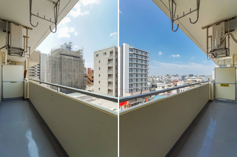 写真で伝わるでしょうか? こちらの物件、バルコニーがちょっと大きいんです。修繕されたばかりでピカピカの床面も、ちょっとうれしい。
