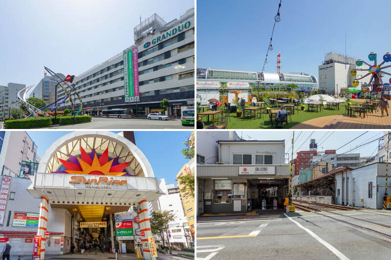 <b>左上・</b>ひとつめの最寄駅は、JR京浜東北線・東急多摩川線・東急池上線の3路線が乗り入れる「蒲田」です(徒歩9分)。「品川」「東京」までダイレクトアクセス可能。しかも、始発列車に乗車できます!/<b>右上・</b>蒲田名物♡ 駅ビル「東急プラザ 蒲田」の屋上庭園「かまたえん」。都内唯一の屋上観覧車は、閉鎖の危機を住民の愛で乗り越えて今日も元気に回っています。夏はビアガーデン、冬は牡蠣小屋も出るそうですよ。(徒歩10分)/<b>左下・</b>駅にふたつの駅ビルが直結しているほか、西口にある商店街「サンライズモール」など、周辺には様々な商業施設が集結しており、昼夜賑わいを見せています。(徒歩8分)/<b>右下・</b>もうひとつの最寄駅は池上線のローカル駅「蓮沼」。こちらからなら、物件まで徒歩わずか2分です!