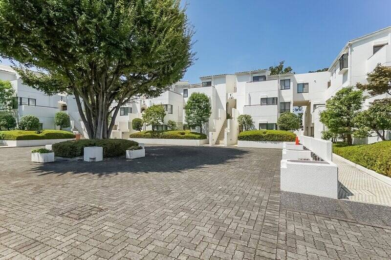 マンションに到着しエントランスをくぐると、地中海の街並みを彷彿とさせる光景が広がっていました! ぱきっと晴れた青空に、真っ白な外観とシンボルツリーがよく映えます。竣工は1984年、総戸数は66戸です。