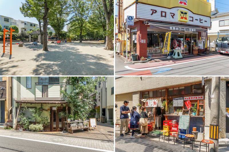<b>左上・</b>マンションのすぐ隣にある「大宮前公園」。お子さまの遊び場やペットのお散歩に立ち寄るのにぴったりなスポット。(徒歩2分)/<b>右上・</b>コーヒー好きなら立ち寄りたい「アロマコーヒー」。銘柄が日毎に変わるサービスコーヒーを提供しています。(徒歩7分)/<b>左下・</b>グリーンに囲まれ、ひっそりと佇む花屋「SIRY(シリー)」。“なんかちょっとイイコトがあった時のような気分になれるお店” という素敵なコンセプトを掲げています。店内では可愛らしいフレンチブルドッグが出迎えてくれますよ。(徒歩12分)/<b>右下・</b>お昼前に行列のあるお店を発見。こちらは中華料理店「シュウマイ ルンバ」。蒸し立てのシュウマイが食べられる “焼売定食” が絶品と好評です。(徒歩13分)