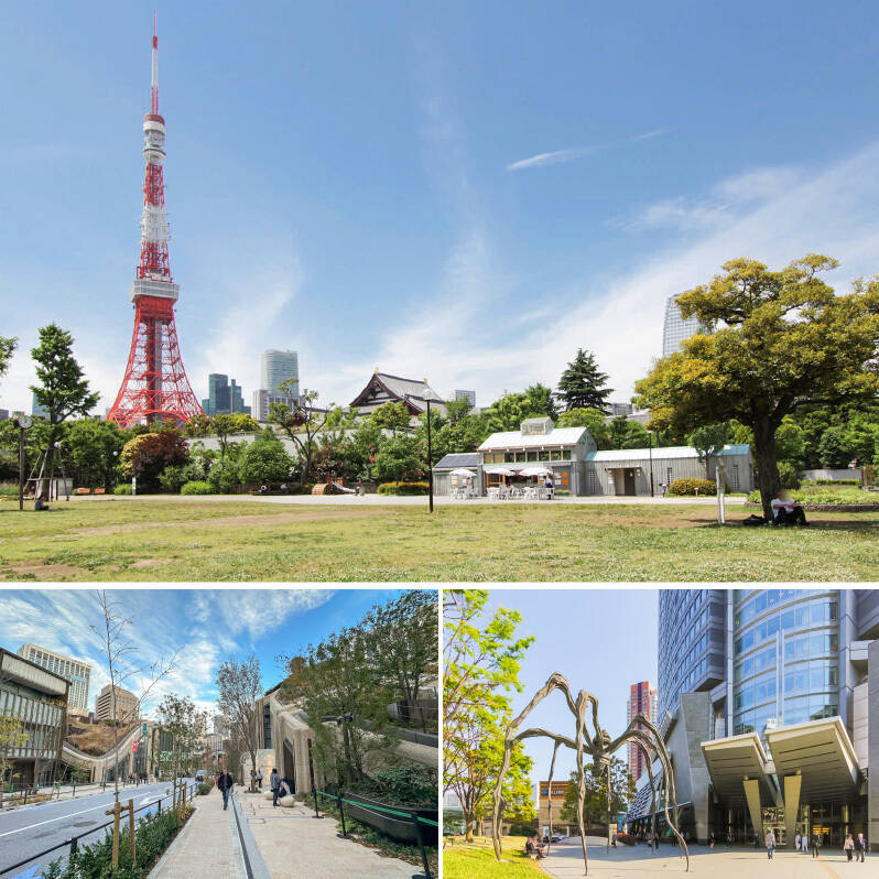 <b>上・</b>東京タワーのお膝元に気持ちのいい芝生が広がる「芝公園」。ペットとのお散歩はここで決まり。(徒歩12分)/<b>左下・</b>徒歩3分で「麻布台ヒルズ」へ。これぞ都心ライフ。/<b>右下・</b>「六本木ヒルズ」だって徒歩圏内。お買い物もエンタメもよりどりみどり。(徒歩17分)