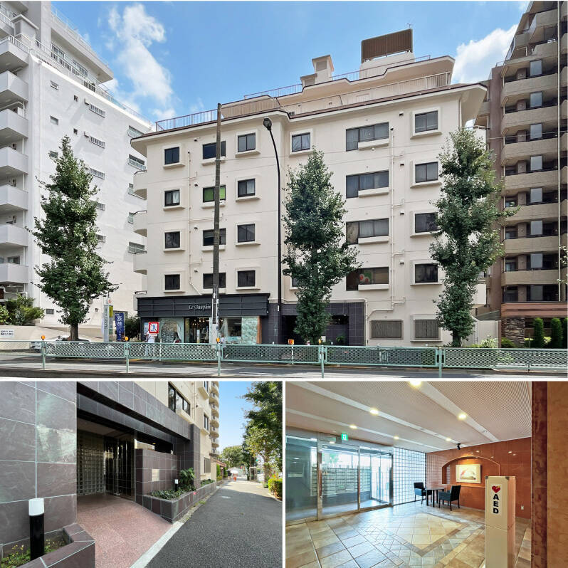 <b>上・</b>目黒通り沿いに建つマンション。<b>2025年7月に大規模修繕工事を終えたばかり</b>でピカピカの状態です! 1階部分は2014年に耐震補強工事を終えています。路面にはこの街らしく、カーテンを扱う店舗が入居。/<b>左下・</b>エントランスは大判の石調タイルで縁取られ、まるで築浅マンションのような雰囲気。/<b>右下・</b>オートロックを抜けて明るい共用ロビーへ。品があって素敵です!