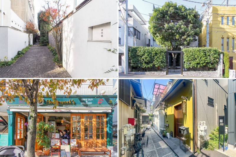 <b>左上・</b>天現寺境内の脇道からアプローチする、趣ある店構えの懐石料理店「青草窠(せいそうか)」。(徒歩13分)/<b>右上・</b>緑に囲まれた一軒家フレンチ「Amour(アムール)」。約1ヶ月半ごとにメニューを見直すのだそう。(徒歩3分)/<b>左下・</b>カジュアルかつ本格的なハンバーガーが食べたくなったら1985年創業、日本初のグルメバーガーレストラン「Homework’s(ホームワークス)」へどうぞ。(徒歩6分)/<b>右下・</b>北欧のパン作りの伝統とトレンドを応用し、栄養価が高く風味豊かなパンを提供する「BROD(ブロッド)」。(徒歩9分)