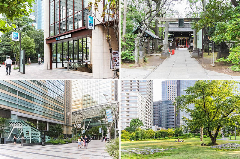 <b>左上・</b>マンションの最寄り駅は、東京メトロ千代田線「<b>赤坂</b>」(徒歩4分)。駅の周辺には「TBSテレビ局」や「赤坂サカス」がある、都会的なエリアです。/<b>右上・</b>「<b>赤坂氷川神社</b>」は静かで厳かな佇まい。心を落ち着かせたい時にぜひ。(徒歩4分)/<b>左下・</b>休日は歩いて「<b>六本木</b>」へ。「東京ミッドタウン」にはアパレルブランドだけでなく、飲食店や美術館なども入っていますよ。(徒歩7分)/<b>右下・</b>ミッドタウンに隣接するのは「<b>檜町公園</b>」。ペットの同伴が可能ですので、ワンちゃんのお散歩コースになりそう。(徒歩5分)