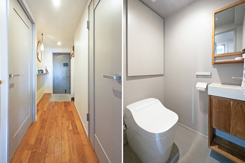 <b>左・</b>廊下からは洋室C(左)とトイレ(右)にアクセスできます。/<b>右・</b>トイレには造作の手洗い器が。大きめの埋め込み収納も備わっています。