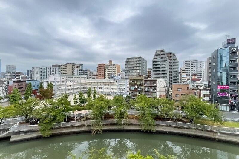 「大横川」とグリーンが共演。こちらは桜並木なので、春になればお花見も楽しめます。
