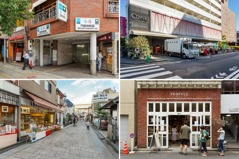<b>左上・</b>最寄りは、都営大江戸線と東京メトロ東西線が利用できる「門前仲町」駅。駅前には飲食店が多く、賑やかな商店街が延びます。(徒歩3分)/<b>右上・</b>「オオゼキ 門仲牡丹店」は新鮮な魚介類が評判のスーパーマーケット(徒歩4分)。他には「赤札堂」(徒歩5分)もあり、お買い物の選択肢が豊富。/<b>左下・</b>「深川不動堂」へと向かう参道の延長にある「人情深川ご利益通り」には、風情ある和菓子店や漬物店などが連なります。毎月1・15・28日に縁日が開催されるのも下町ならでは。(徒歩7分)/<b>右下・</b>洗練された雰囲気の「Truffle Bakery(トリュフ ベーカリー)」。食パン「朝の角食」が人気商品です。(徒歩7分)