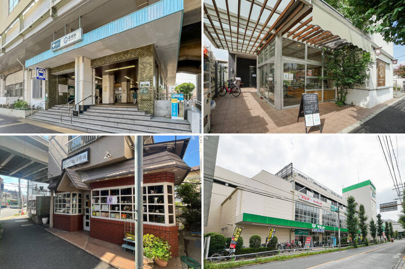 <p><b>左上・</b>最寄り駅は都営三田線「<b>蓮根</b>」。三田線は都内の各路線と接続する駅が多く、移動に便利です。（徒歩５分）／<b>右上・</b>「<b>grande pierre（グラン ピエール）</b>」は、素材にこだわったパンやサンドウィッチが並ぶベーカリー。カフェスペースも利用できます。（徒歩８分）／<b>左下・</b>地元客で賑わう喫茶店<b>「珈琲市場」</b>。コーヒーはもちろん、ボリュームタップリのグラタンやドリアなどのランチメニューも人気です。（徒歩２分）／<b>右下・</b>隣駅の志村三丁目方面には、「<b>ニトリ</b>」や「<b>コジマ</b>」が入るビルも。（徒歩12分）</p>