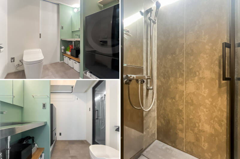 <p><b>左上・</b>洗面台とトイレは一体型の仕様。洗面まわりの壁はニュアンスあるミントグリーンで、空間のアクセントに。/<b>左下・</b>洗濯機置き場の上部にはハンガーパイプを設置済みで、ちょっとした物干しはこちらでもOK。足下には電源があり、サーキュレーターの併用も簡単です。/<b>右・</b>シンプルな設えのシャワールーム。浴槽は無いのでご留意ください。</p>