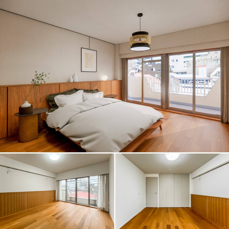 LDKや洋室Aと同じく、南西向きのバルコニーに面しています。収納ももちろん完備。建具の色はグレージュをセレクトし、ムードある内装デザインに。(写真上・CG写真)