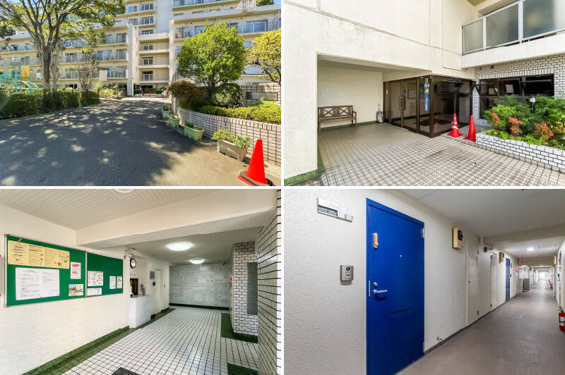 <b>左上・</b>植栽の緑が気持ちいい、エントランスまでのアプローチ。/<b>右上・</b>エントランス。/<b>左下・</b>共用ホールには管理人室窓口があります。/<b>右下・</b>ご紹介した住戸の玄関扉。