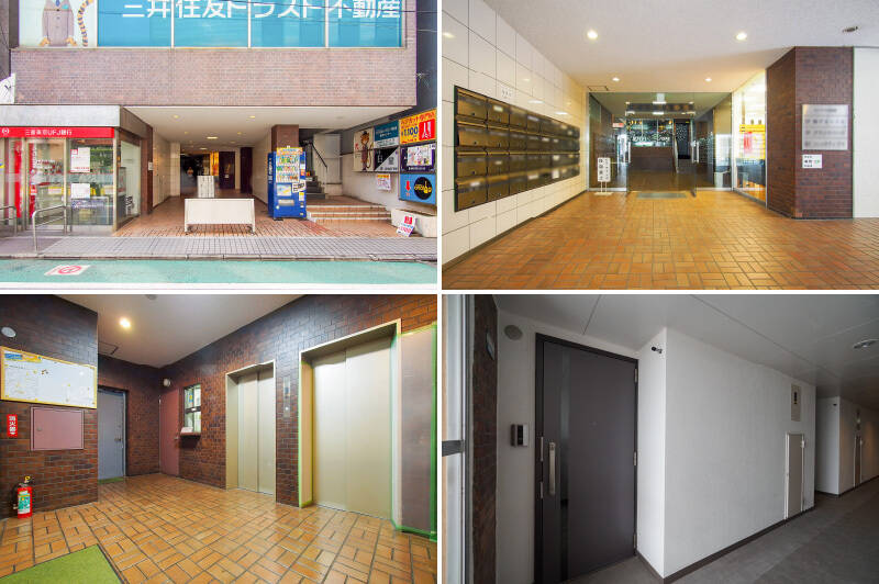 <b>左上・</b>エントランスは「ハートフル農大通り商店街」に面したところに。／<b>右上・</b>ホールは少し奥まった位置にあり、通りからは見えにくい造りになっています。オートロック手前の目立つ場所に占いタレントさんのテナントが入っているのは、初見だとちょっとびっくりするかも？／ <b>左下・</b>築年数は経過していますが、共用部のタイルはきれいにお手入れされており、エレベーターや玄関扉にも古さを感じませんでした。／<b>右下・</b>ご紹介の住戸のある７階の共用廊下。内廊下仕様でありつつ、自然光で明るいのが嬉しいポイントです。