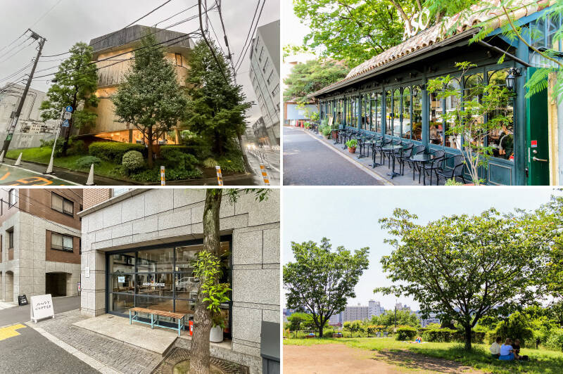 <b>左上・</b>こちらはマンションの目の間にあるカフェ「MONKEY CAFE(モンキーカフェ)」。ギャラリーも併設されています。売主さまもよく足を運ばれるそう。(徒歩1分)/<b>右上・</b>クラシックで優美な佇まいの「RISTORANTE ASO(リストランテ アソ)」は、代官山の超有名老舗レストラン。オープンテラスでお茶を飲めば “代官山住民” になったことを実感できそう◎(徒歩9分)/<b>左下・</b>2024年6月にオープンしたばかりの「ANDY COFFEE」。“ねずみのANDY” のコンセプトカフェで、店内には可愛らしいイラストが。(徒歩2分)/<b>右下・</b>「西郷山公園」はわんちゃんのお散歩にぴったり。春には桜が咲き、お花見を楽しめます。(徒歩11分)