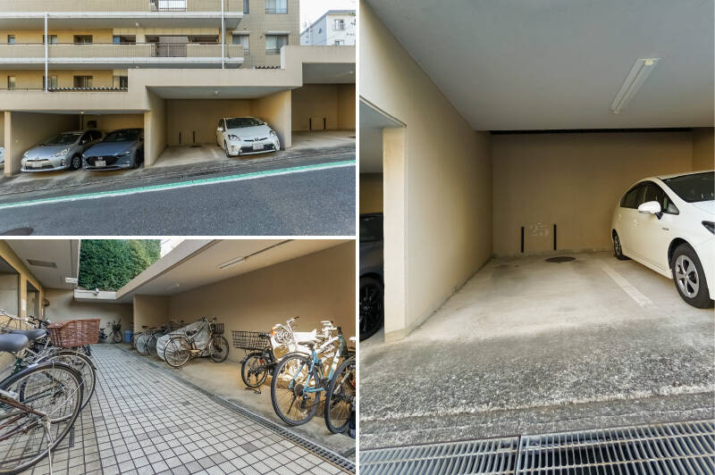 <b>左上・</b>屋根付き、平置きの駐車場の専用使用権付き。(使用料13,500円/月）／<b>左下・</b>自転車置き場は無償で利用可能。子供乗せ自転車も余裕を持って置けそうです。／<b>右・</b>駐車場をアップで。車高が高い車も駐車できそうでしたよ。