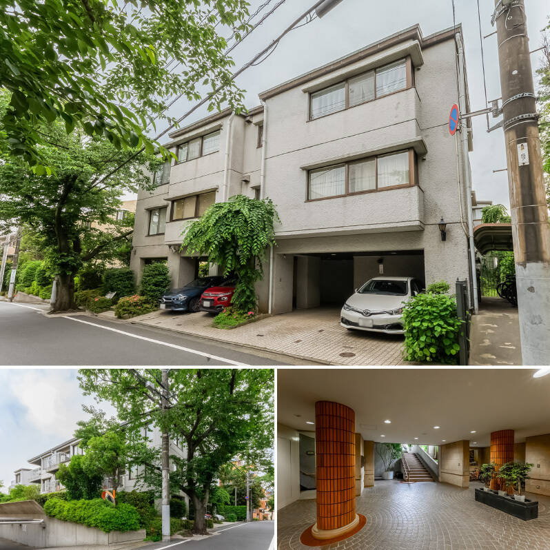 緩やかな坂を少し上ると現れる、緑に囲まれたマンション。お出かけの度にフレッシュな気分を味わえそうです。竣工は1981年、総戸数は22戸。タイル貼りの共用部の雰囲気も素敵。