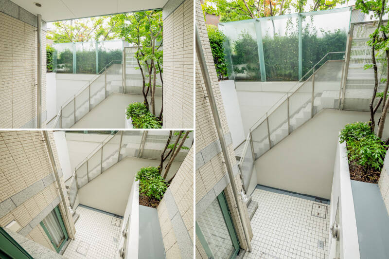 1階はマンションの植栽やパーテーションが目隠しになり、外からの視線は気にせず過ごせそう。下を見下ろすとプライバシーが守られた吹き抜けのパティオが広がっています。