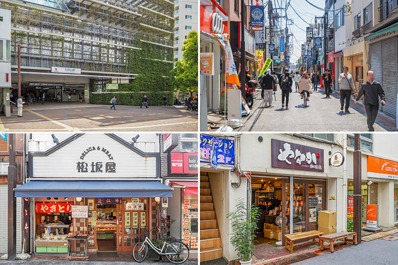 <b>左上・</b>最寄りの東急大井町線・目黒線「大岡山」駅(徒歩9分)。「東京科学大学」(2024年に東京歯科大学と統合し、「東京工業大学」から名称変更)のお膝元なので若者も多く、伸びやかな雰囲気の街です。駅前には「東急ストア 大岡山店」(徒歩9分)があるので、日々のお買い物も便利。/<b>右上・</b>駅前から続く「大岡山北口商店街」にはレストランやカフェ、ベーカリーなどが並び、活気が溢れる雰囲気です。(徒歩7分)/<b>左下・</b>その内の1店「松坂屋精肉店」は晩御飯の一品が気軽に買えておすすめ。(徒歩8分)/<b>右下・</b>数種のコーヒー豆を取り扱う「やなか珈琲店 大岡山店」。豆は注文してから焙煎するので、その間にほかのご用事を済ませておくといいですよ。(徒歩7分)