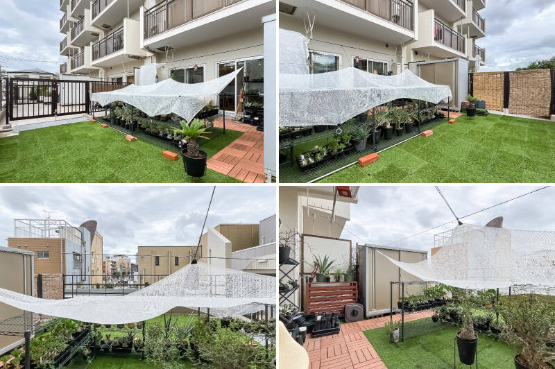 バルコニーはウッドデッキと人工芝パネル敷き。まわりの建物とは距離が取れており、視線は気にならない印象です。