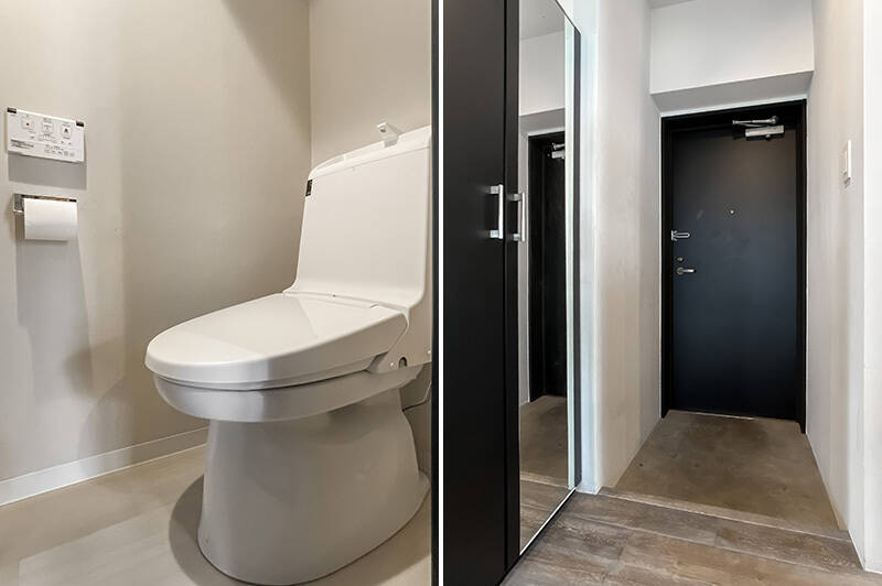 <b>左・</b>トイレは玄関横に独立しています。／<b>右・</b>姿見付きの下足入れ。