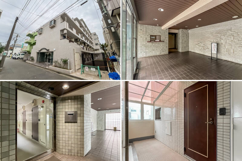 <b>左上・</b>1989年築、全49戸のマンション。周辺は閑静な住宅街ですよ。／<b>右上・</b>ガラス張りの明るい共用ロビー。壁のタイル画が素敵。／<b>左下・</b>オートロックを抜けてエレベーターへ。／<b>右下・</b>住戸前には半透明の屋根がかかり、雨風を遮ってくれますよ。