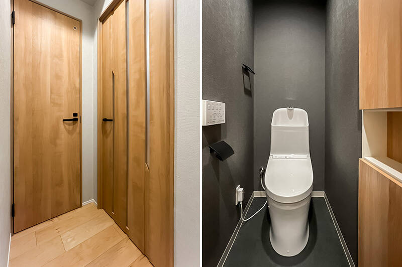 LDKのドアは珍しいスリットガラス入り。お隣りにあるのは収納＆ニッチ付きのトイレです。