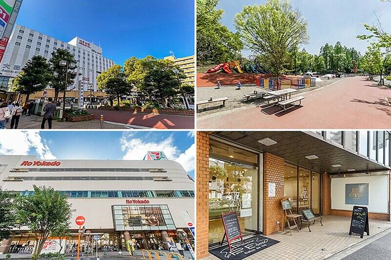 <b>左上・</b>JR京浜東北線「大森」駅までは歩いて14分ほど。坂道が無く、開けた道のりなので比較的ラクに歩けました◎ 物件近くまでのバス便も頻繁に行き来しています。／<b>右上・</b>休日の癒しスポット「しながわ区民公園」（徒歩13分）。さらに「しながわ水族館」も徒歩18分で行けちゃう距離ですよ。／<b>左下・</b>巨大な商業施設「イトーヨーカドー 大森店」が暮らしをがっちりサポート！（徒歩7分）／<b>右下・</b>こちらは、ご近所にあるイートインもできる洋菓子店「パティスリー プティエデン」（徒歩8分）。大森らしさ全開の「貝塚マドレーヌ」が名物だとか♡