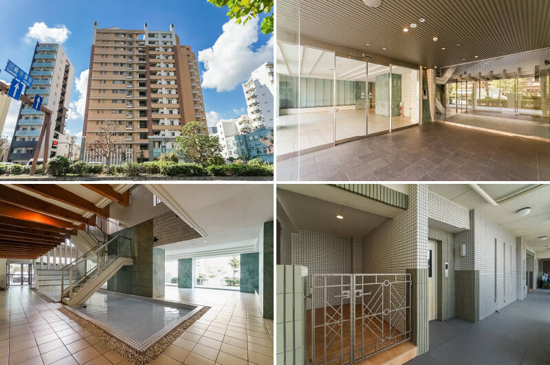 <p><b>左上・</b>マンションは2005年築で、まだまだ綺麗な外観。2021年に屋上防水改修工事、2024年に鉄部塗装工事を実施済みです。／<b>右上・</b>エントランスは第一京浜側にあります。オートロックや宅配ボックスを完備した端正な佇まいです。／<b>左下・</b>おおっ、ロビーには大きな水盤が……！／<b>右下・</b>住戸の玄関前には、アイアンのゲートで区切られた専用ポーチがあります。お子さまの乗り物などの置き場として重宝しそうですね◎</p>
