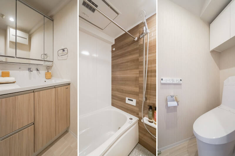 洗面＆バスルーム（1216サイズ）、そしてお向かいにあるトイレをぎゅぎゅっとご紹介。いずれもシンプルで機能的なタイプのものが採用されています。脱衣スペースはややタイトなので、お子様と一緒だとちょっと大変かも。