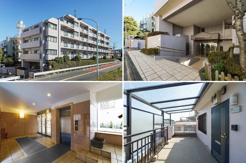 <b>左上・</b>新耐震基準に適合した、1998年築・総戸数33戸の低層マンションです。南西側がドーンと多摩川に面しています。／<b>右上・</b>エントランスは多摩堤通りから階段を下りた先にあり、地下1階に相当します。／<b>左下・</b>自然光が入る共用ロビー。オートロックや宅配ボックスを完備しているのはポイント高いです！／<b>右下・</b>光は通して雨は通さない、デキる共用廊下。ご紹介の住戸はいちばん奥に位置しています。