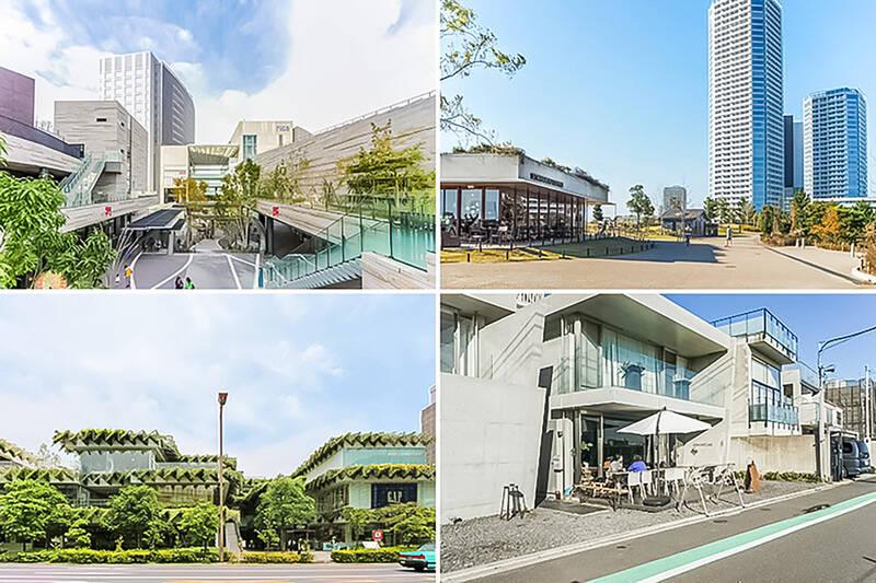<b>左上・</b>買い物は「二子玉川」駅直結のショッピングセンター「二子玉川rise」で完結できちゃいそう。シネコンや空中庭園もあり、子ども連れにうれしい設備が整っています。（徒歩12分）／<b>右上・</b>最寄りの「二子玉川公園」は広いだけじゃありません。授乳室のあるビジターセンターや、カフェも併設した憩いの場です。（徒歩3分）／<b>左下・</b>街の雰囲気のよさを格上げしてくれる「玉川高島屋マロニエコート」。（徒歩19分）／<b>右下・</b>飲食店に事欠かない “ニコタマエリア”。「CHICHICAFE（チチカフェ）」のテラス席はペット同伴OKなので、お散歩ついでにのんびりしてみては。（徒歩9分）