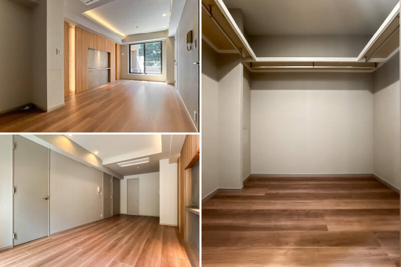 こちらが主寝室となりそうな居室。<b>左上・</b>こちらの居室もルーフバルコニーに面しています。壁面には、テレビが置けるニッチが付いています。／<b>左下・</b>扉がたくさん…！それぞれ、WIC、廊下、収納、水まわりへとつながっています。／<b>右・</b>奥行きがたっぷりのWIC。