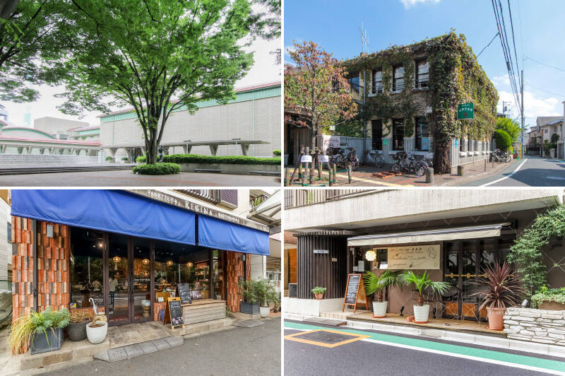 <b>左上・</b>駅とは逆方向へ進むと、徒歩12分ほどで「砧公園」に到着。大きな自然に癒されるもよし、お子さまを遊具で遊ばせるもよし、美術館を鑑賞するもよし。／<b>右上・</b>お子さまがいらっしゃる方にうれしい「山野児童館」。赤ちゃんから中高生まで通え、常時様々なイベントを催しています。（徒歩8分）／<b>左下・</b>ご近所に評判のベーカリー「REGINA（レジーナ）」があるのはうれしい！（徒歩5分）／<b>右下・</b>なんとマンションのお隣に美味しいイタリアンもあります。料理の気分ではない日は「gita（ジータ）砧」に駆け込みましょう！（徒歩1分）