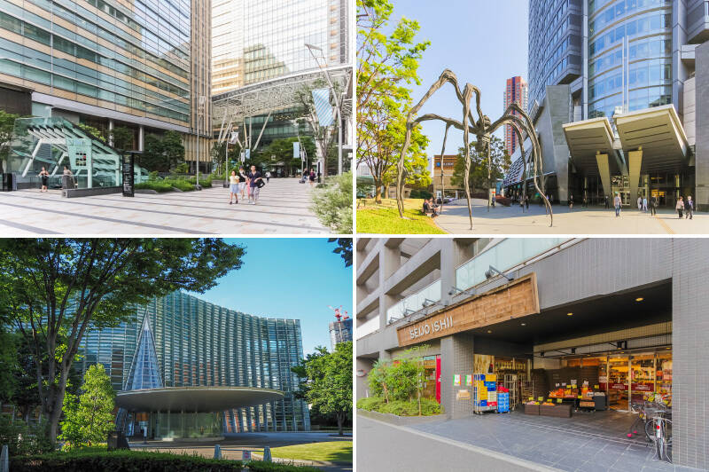 舞台は “港区西麻布” 。「<b>東京ミッドタウン</b>」（<b>左上・</b>徒歩15分）や「<b>六本木ヒルズ</b>」（<b>右上・</b>徒歩8分）、「<b>国立新美術館</b>」（<b>左下・</b>徒歩12分）などの商業・文化施設が点在するエリアです。最寄りのスーパーは「<b>成城石井 西麻布店</b>」（<b>右下・</b>徒歩3分）で、フレッシュな食材も気軽に手に入ります。