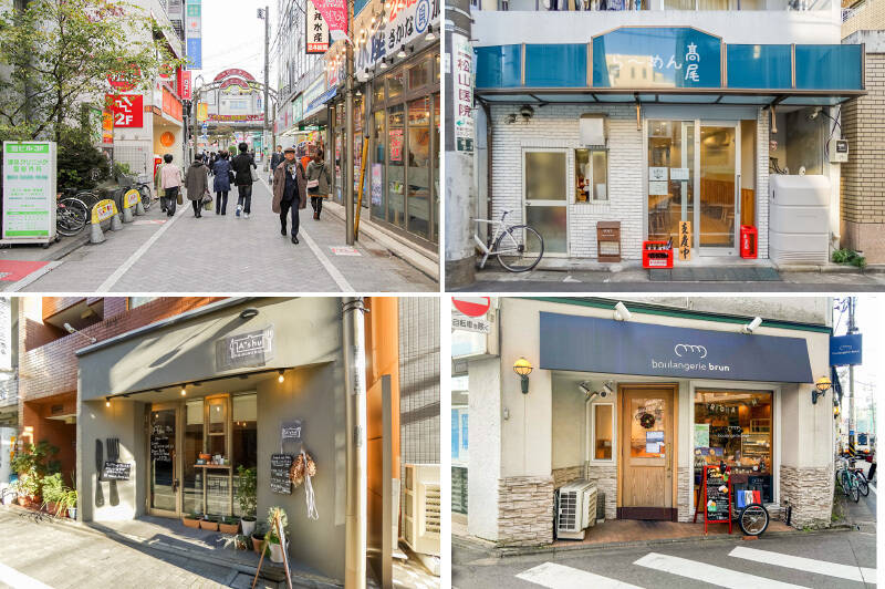 <b>左上・</b>駅前に複数の商店街がある「荻窪」。こちらは飲食店が点在する「<b>荻窪南口仲通り商店街</b>」です。／<b>右上・</b>「<b>ら～めん髙尾</b>」では、なんと500円のワンコインでラーメンをいただけます。ファンが多い名店で、お味も間違いなし。（徒歩7分）／<b>左下・</b>「<b>Ogikubo Dining A‘shu（オギクボ ダイニング アシュ）</b>」は地元で評判のビストロ。肉料理がメインですが、スイーツも美味しそう♡（徒歩6分）／<b>右下・</b>種類豊富＆リーズナブルで、通いたくなるベーカリー「<b>boulangerie brun（ブーランジェリーブリュン）</b>」。（徒歩8分）