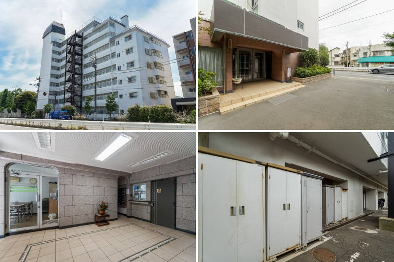 <b>左上・</b>マンションは1973年竣工。白を基調とした、清潔感ある外観です。／<b>右上・</b>エントランスは大通り側と脇道側の2箇所に。脇道のほうを利用すれば、小さなお子さまが大通りに飛び出す心配もなさそうです。／<b>左下・</b>レトロな共用ホールには、住民用の集会・談話室も。／<b>右下・</b>1階のピロティ部部分は駐車場のほか、各住戸のトランクルームが付いています。アウトドア用品などを収納できて便利そう！