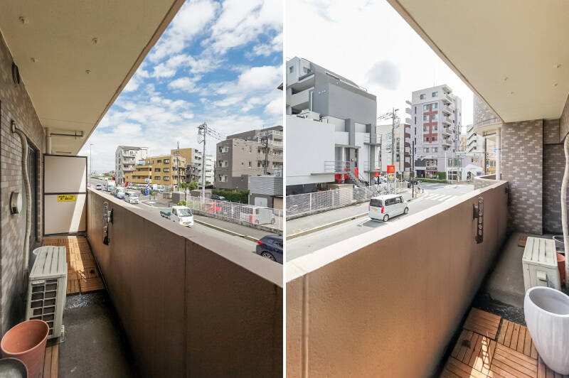 写真左の奥には多摩川が。お散歩には気持ちの良い距離感です。バルコニーの手すりの高さに物干し金具が付いていますよ。