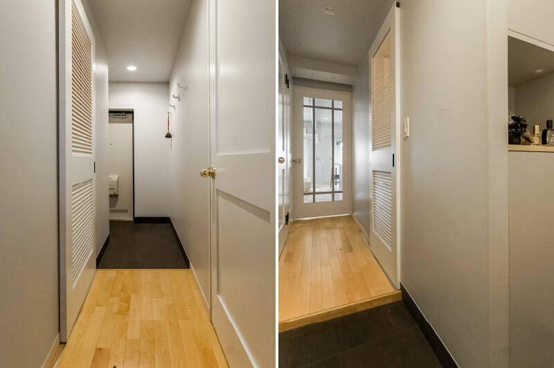 <b>左・</b>建具はホワイトとゴールドのドアノブで統一されていて、かわいい♡／<b>右・</b>玄関扉の正面には、開き戸タイプの下足入れが備わっています。
