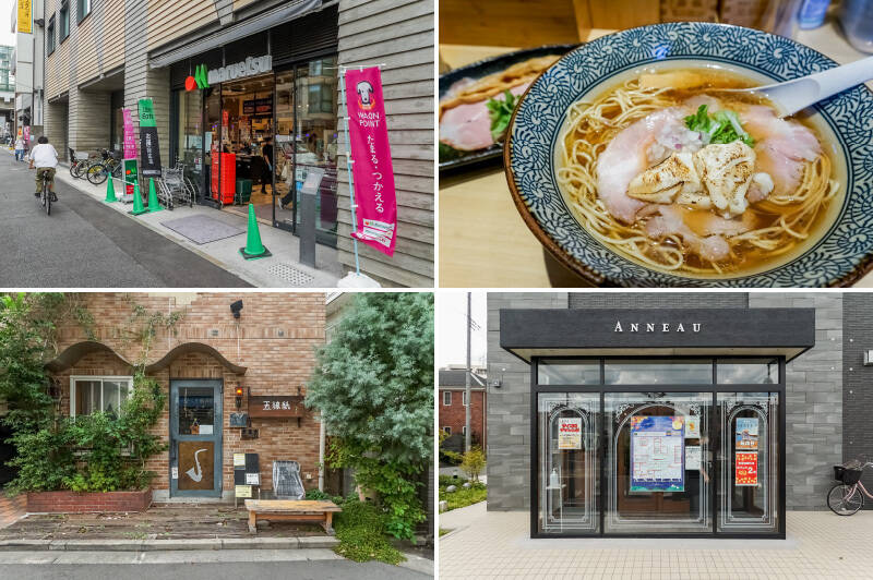 <b>左上・</b>営業時間が9:00-翌1:00までの「マルエツ 登戸駅前店」までは徒歩2分。「オーケー 登戸店」までも徒歩5分とお買い物環境に恵まれています。／<b>右上・</b>Yさまおすすめの「鴨と蟹 中華そば 燈」。のどくろラーメンが一押しと聞き、思わず取材後に堪能してしまいました（笑）（徒歩2分）／<b>左下・</b>ジャズが流れる老舗のパスタ屋さん「五線紙」。（徒歩6分）／<b>右下・</b>種類豊富な焼き立てパンを楽しめる「パンdeアノー登戸店」。カフェスペースもありますよ。（徒歩5分）