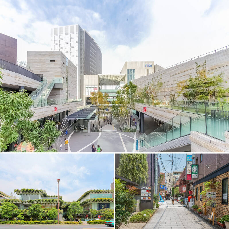 <b>上・</b>駅に隣接する「<b>二子玉川rise（ライズ）</b>」。ショッピング施設やレストラン、映画館などなんでも揃っています。「蔦屋家電」のパトロールが日課になりそう。（徒歩7分）／<b>左下・</b>緑の中に建物があるような外観が目印。「玉川高島屋S・C」の別館「<b>マロニエコート</b>」。（徒歩5分）／<b>右下・</b>「<b>二子玉川商店街</b>」には飲食店が多いので、お気に入りのお店が見つかりそう。（徒歩2分）