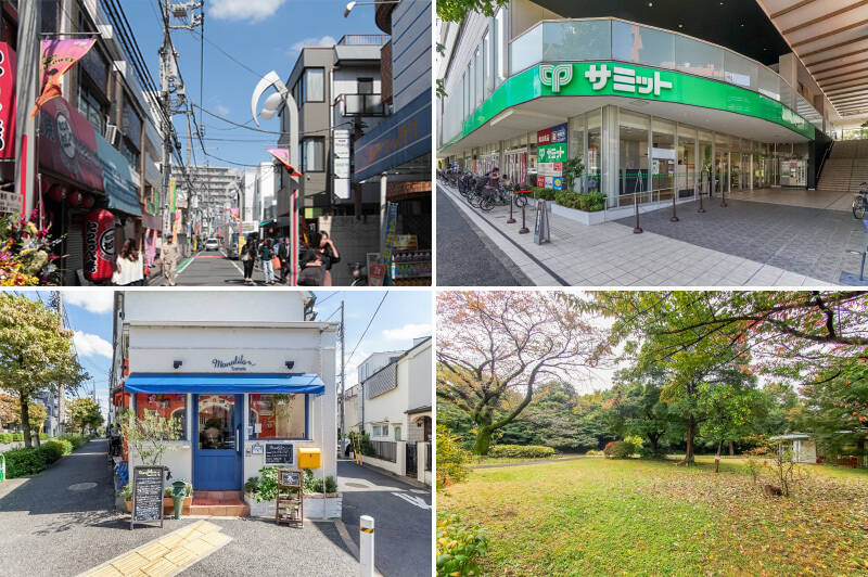 <p><b>左上・</b>駅前に延びる「ウルトラマン商店街」までは徒歩12分。各所にモニュメントなども点在しているので、ぜひ探してみてくださいね。ちなみに「千歳船橋」駅も徒歩圏内なので、行き先によって使い分け可能ですよ。（徒歩13分）／<b>右上・</b>マンションから歩いて3分の場所にはスーパー「サミットストア 砧環八通り店」が。「無印良品」や「ウエルシア」も同施設内に入っています。／<b>左下・</b>青の建具とオーニングがさわやかな「Trattoria Monolito（トラットリア モノリート）」。素材の持ち味を活かしたイタリアンを頂けます。（徒歩9分）／<b>右下・</b>「桜丘すみれば自然庭園」は、環八通りに面していながら、雑木林や草地や池など、自然の風景が残る庭園（徒歩5分）。少し足を伸ばせば、広さ約40万㎡の「砧公園」も（徒歩17分）。</p>