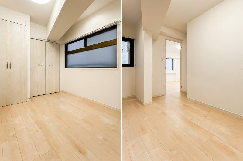 <b>左・</b>南と東向きに窓がある洋室。お隣の建物が近く、眺望は望めませんが、明るさは確保できます。左側の扉の中には電気温水器があり、収納としては利用できません。右側の扉は折戸2枚分のクローゼットです。／<b>右・</b>LDKとの間の扉はこれから取り付け予定ですよ。