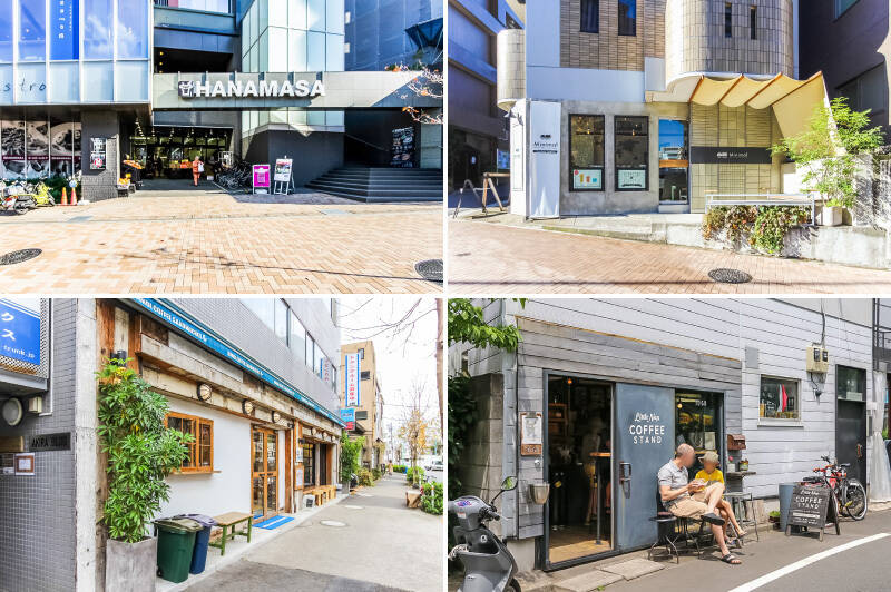 <b>左上・</b>徒歩2分のところに、24時間営業のスーパー「肉のハナマサ 富ヶ谷店」があるのは心強い！／<b>右上・</b>チョコレート店「Minimal（ミニマル）」は、世界のカカオ農園に直接向かい、豆を仕入れ、製造の全行程を管理しています。カカオ豆の個性や本来の味わい・香りを大切にしている専門店です。（徒歩5分）／<b>左下・</b>「BONDI COFFEE SANDWICHES（ボンダイコーヒーサンドウィッチーズ）」は朝7時から営業。具材たっぷりのサンドウィッチを頬張る幸せがお散歩で行ける距離に♡（徒歩9分）／<b>右下・</b>店内で豆を焙煎しているコーヒーショップ「Little Nap COFFEE STAND」。代々木公園での散歩のお供にテイクアウトするのもおすすめです。（徒歩12分）