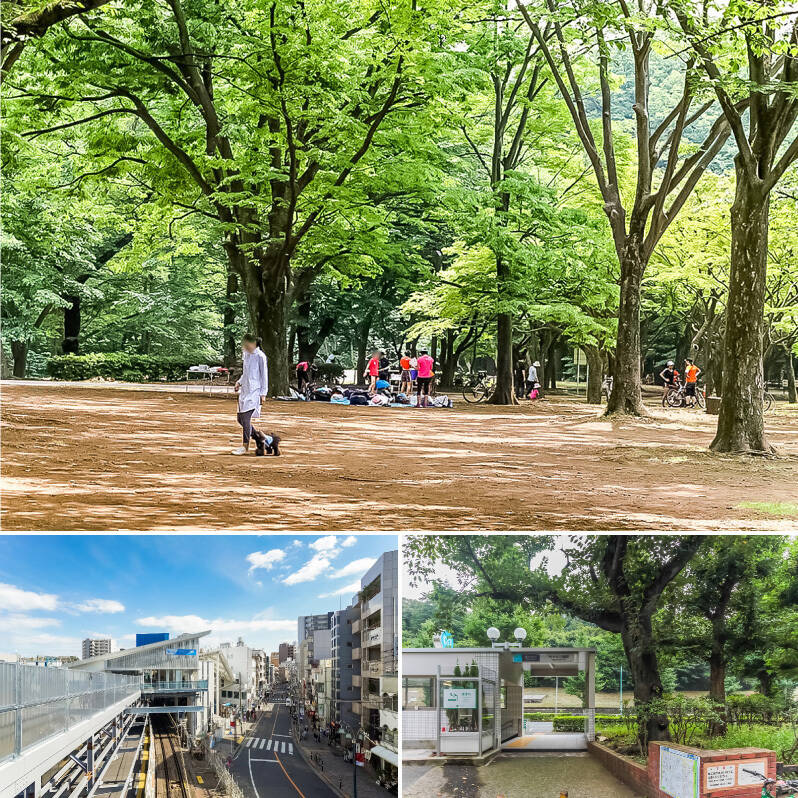 <b>上・</b>なんとマンションから、都心のオアシス"代々木公園”まで徒歩8分。毎日の犬のお散歩に、お仕事終わりのジョギングに、休日のピクニックに……色々と理由をつけて通いたくなる距離感です。／<b>左下・</b>今回は2駅利用可能な物件のご紹介です。小田急線の代々木八幡駅までは徒歩6分。／<b>右下・</b>東京メトロ千代田線「代々木公園」駅も徒歩6分。表参道・大手町方面へお出かけのときはこちらを利用すると便利。